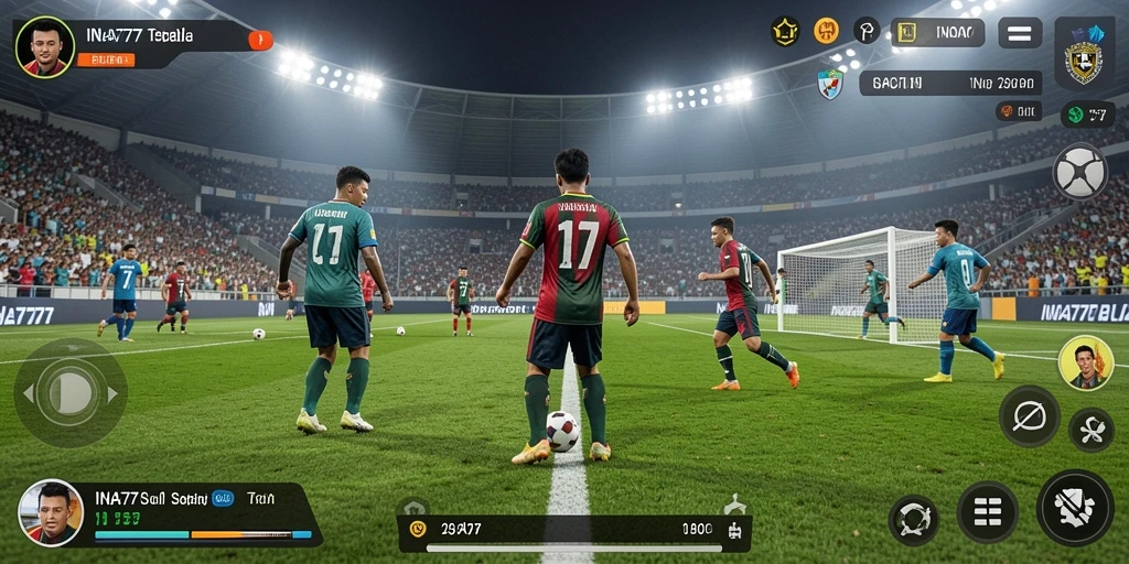 Screenshot menampilkan gameplay dinamis sepak bola dalam INA777.